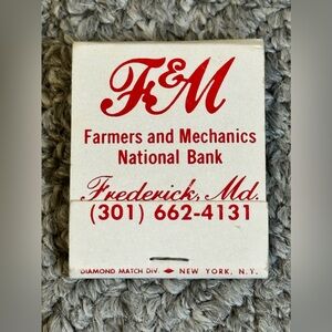 Vintage Matchbook Farmers and Mechanics National Bank F&M Frederick MD Maryland